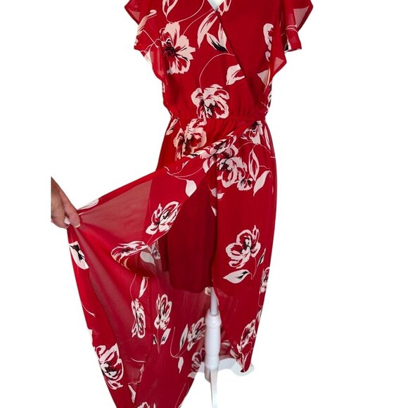 MauricesX-Small Womens Floral Wrap Dress Red White Ruffle Sleeve Maxi Sheer Over - Picture 5 of 10